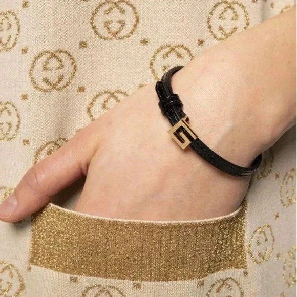 Brand new unused GUCCI Square  Gold Color G leather bracelet black - Picture 1 of 8